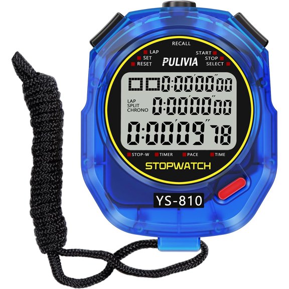 Stopwatch Timer 10 Splits/Laps Digital Stop Watch for Sports Countdown Alarm Clock Date Memory Recall Large Display Stopwatch for Coaches PE-Teacher Referee Blue