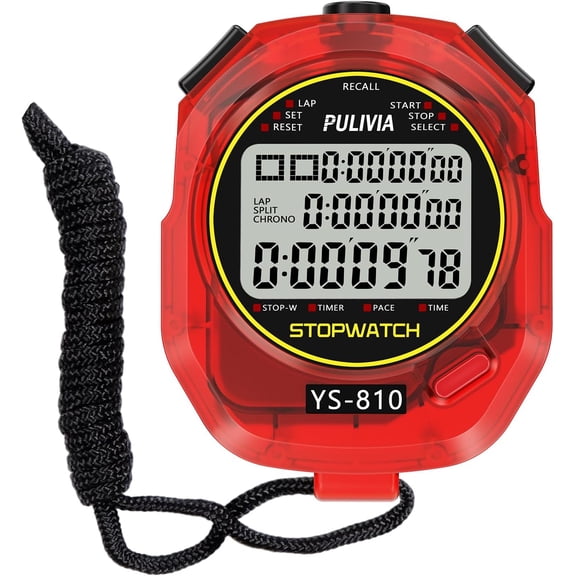Stopwatch Timer 10 Splits/Laps Digital Stop Watch for Sports Countdown Alarm Clock Date Memory Recall Large Display Stopwatch for Coaches PE-Teacher Referee Red