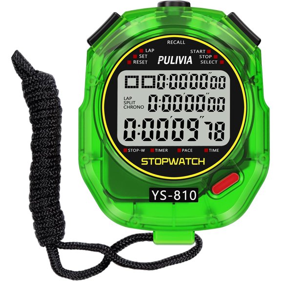Stopwatch Timer 10 Splits/Laps Digital Stop Watch for Sports Countdown Alarm Clock Date Memory Recall Large Display Stopwatch for Coaches PE-Teacher Referee Green