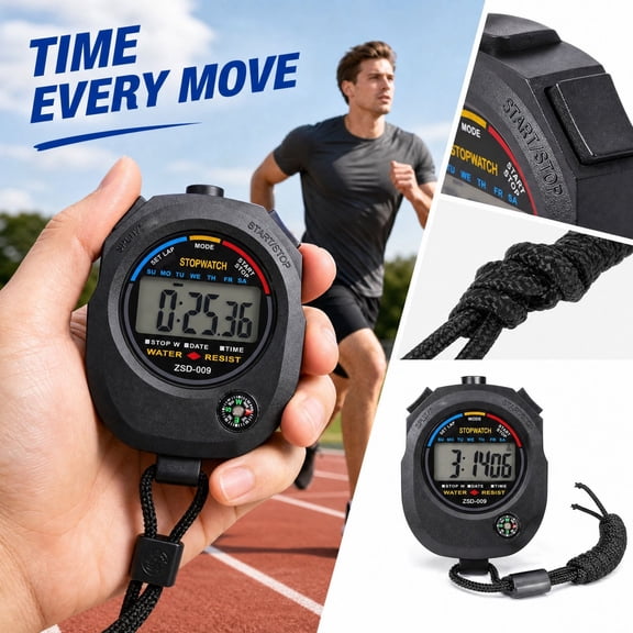 Stopwatch Timer,Digital Stopwatch,Water Resistant Sports Stopwatch with Large LCD Display and Lanyard for Coach Referee Running Swimming Fitness(Black#1)