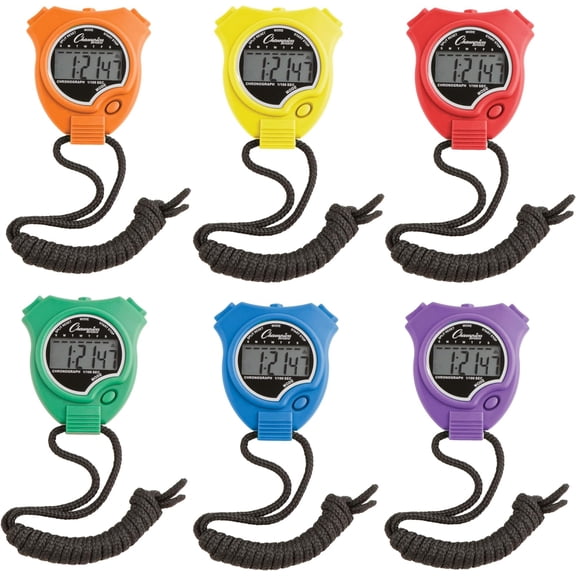 Stopwatch Timer Set: Waterproof, Handheld Digital Clock Sport with Large Display for Kids or Coach - Bright Colored 6 Pack