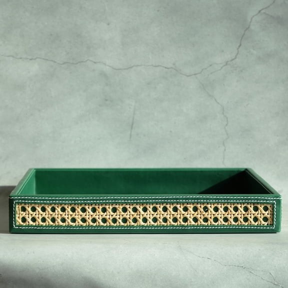 Stor Emerald Green PU Leather & Rattan Serving Tray - Large