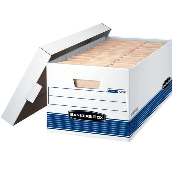 Bankers Box Stor/File Medium-Duty Storage Boxes With Locking Lift-Off Lids And Built-In Handles, Legal Size, 24" x 15" x 10", 60% Recycled, White/Blue, Case Of 4