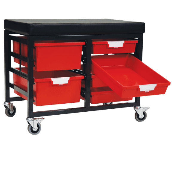 StorBenchSeat w/Cushioned Seat and 6 Storsystem Trays and Bins-Red