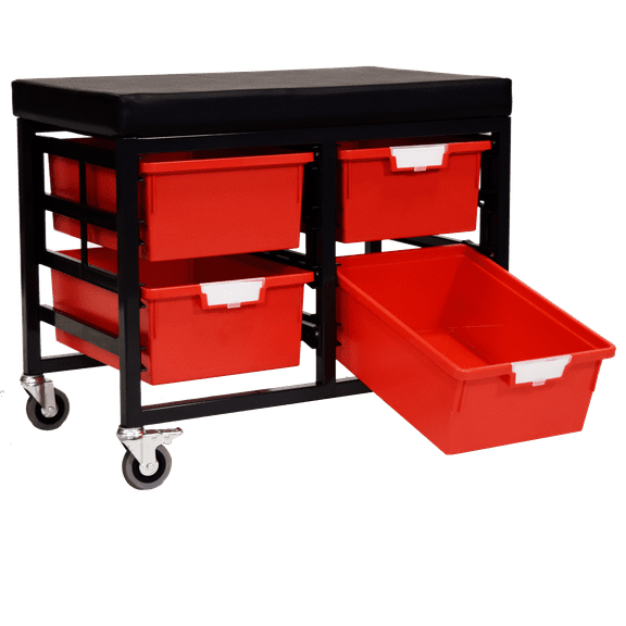 StorBenchSeat w/Cushioned Seat and 6 Storsystem Trays and Bins-Red