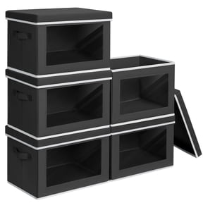 StorBoxes With Lids - 5 Pack Foldable Clear Window B Large Decorative Handles Containers For Clothes Towel Blanket Sheet Black