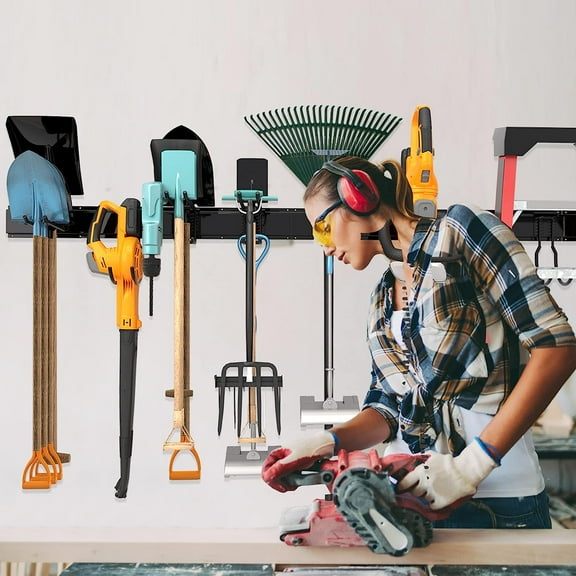 Storaboks Heavy Duty Garage Storage Rack System, Wall Mounted Tool Organizer with 8 Double Hooks, 3 Rails, Garden Yard Tools Hanger for Ski Gears, Broom, Rake, Shovel
