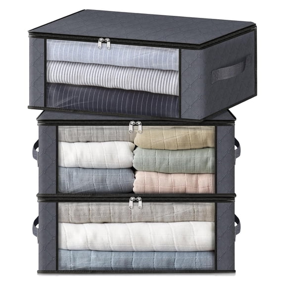 Storage 3-Pack Clothes Organizer Storage Bags Foldable Storage Box with Large Clear Window Sturdy Handles for Closet, Dorm, Pillows, Bedding, Clothes, Blankets, 35L, Gray