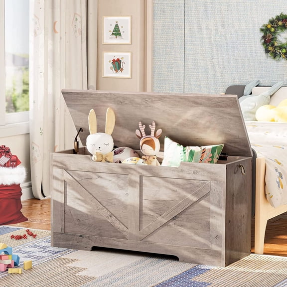Storage 39.4 Inch Retro Wooden Toy Box Organizer with Safety Hinge and U-Shaped Cut-Out Pull for Entryway Bedroom Greige