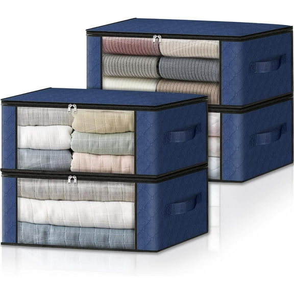 Storage 4-Pack Clothes Organizer Storage Bags Foldable Storage Box with Large Clear Window Sturdy Handles for Closet, Dorm, Pillows, Bedding, Clothes, Blankets, 35L, Blue