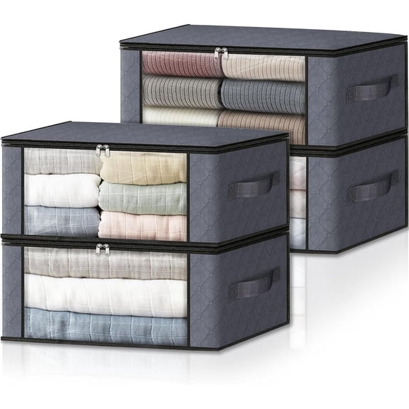 Storage 4-Pack Clothes Organizer Storage Bags Foldable Storage Box with Large Clear Window Sturdy Handles for Closet, Dorm, Pillows, Bedding, Clothes, Blankets, 35L, Blue