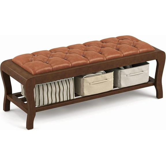 Storage , 49" End of Bed  with Shelf, PU Leather Upholstered Entryway  with Wooden Legs, Storage Ottoman Bedroom  for Bedroom, Entryway, Living Room, Caramel