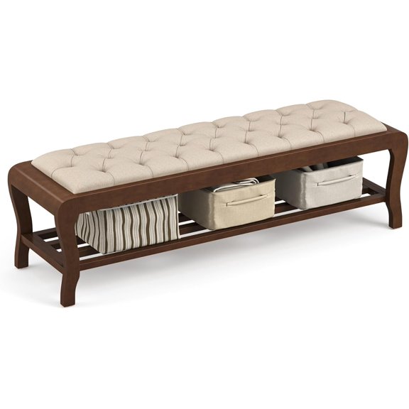 Storage , 59" End of Bed with Shelf, Upholstered Entryway with Wooden Legs, Storage Ottoman Bedroom for Bedroom, Entryway, Living Room, Linen