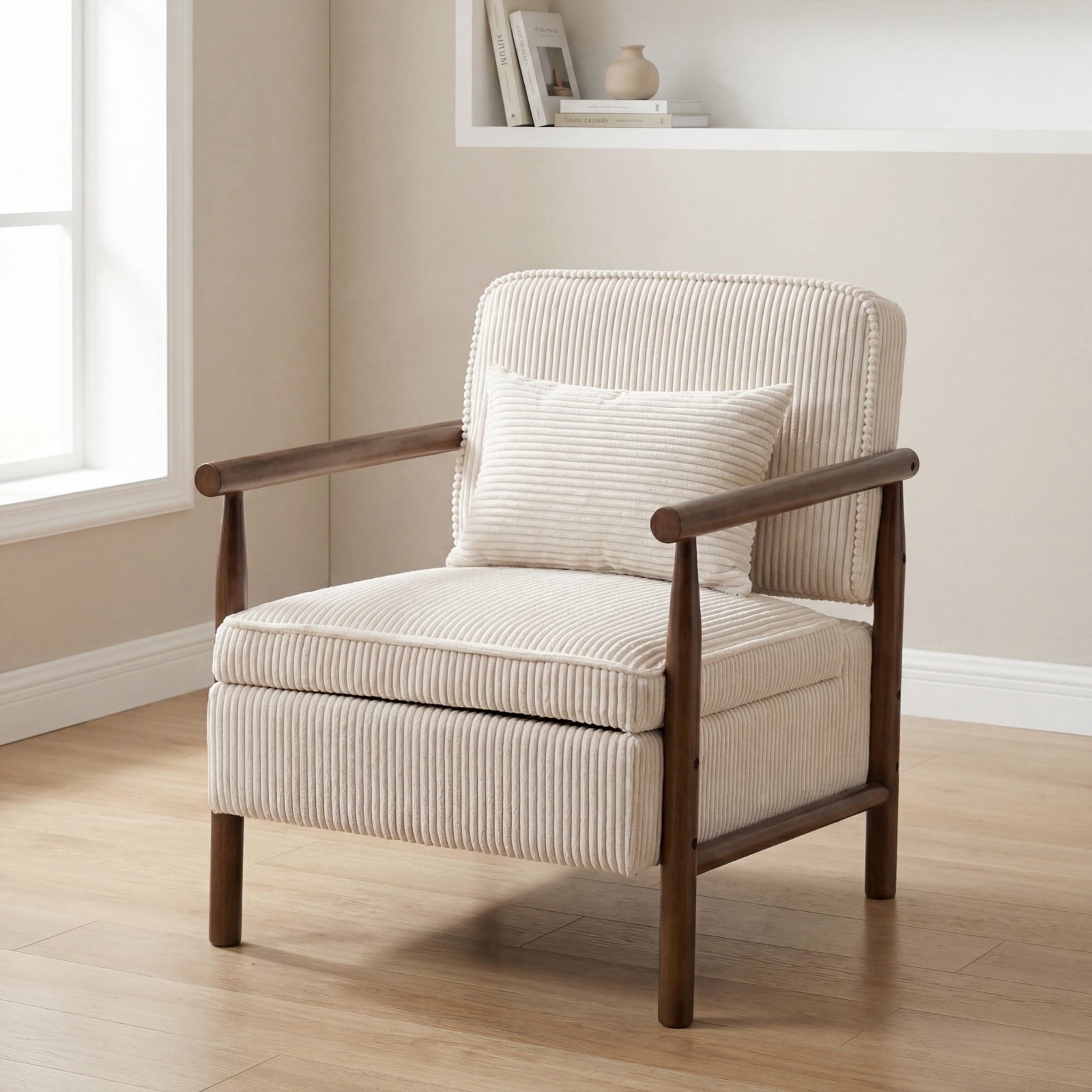 Storage Accent Chair Mid Century Modern Upholstered Armchair with Wood Frame & Waist Cushion for Living Room Bedroom Sunroom, Antique White