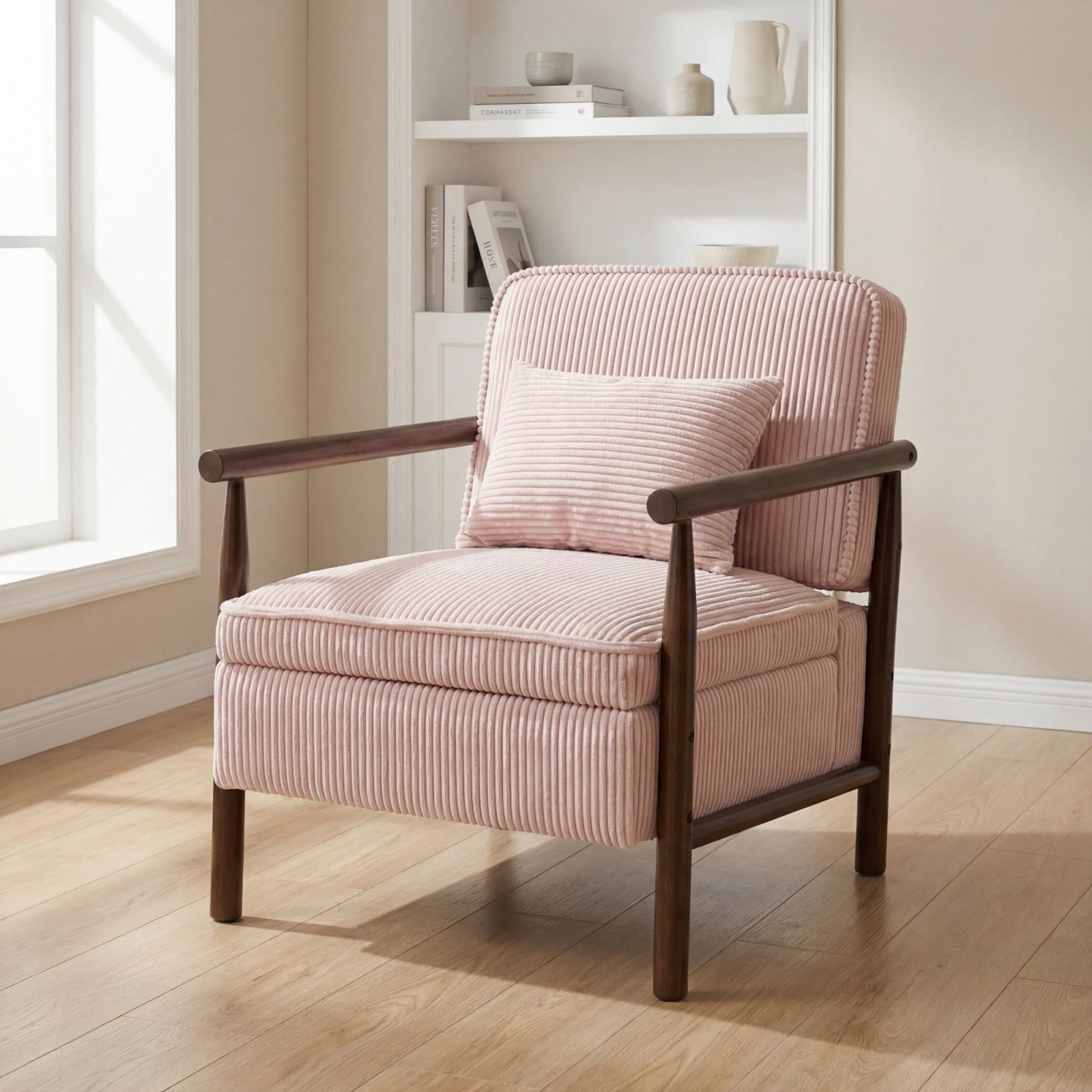 Storage Accent Chair Mid Century Modern Upholstered Armchair with Wood Frame & Waist Cushion for Living Room Bedroom Sunroom, Light Pink