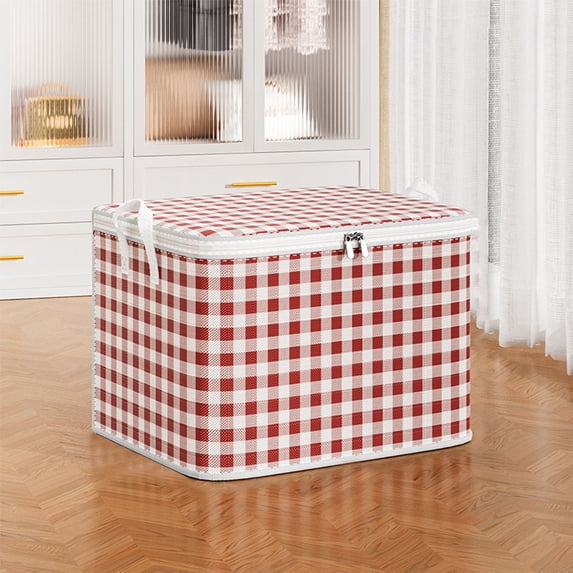 Storage Bag, Countertop Organizer, Red Gingham Fabric Storage Box Zipper Closet Organizer Bin with Handles for Garments Linens