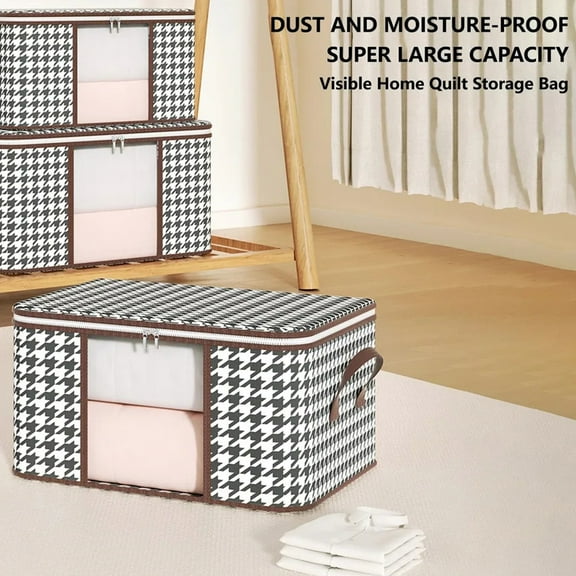 Storage Bag With Lid, 75L Large Capacity Closet Organizer With Zipper, Houndstooth Pattern Storage Box With Clear Window For Comforters Blankets Pillows -
