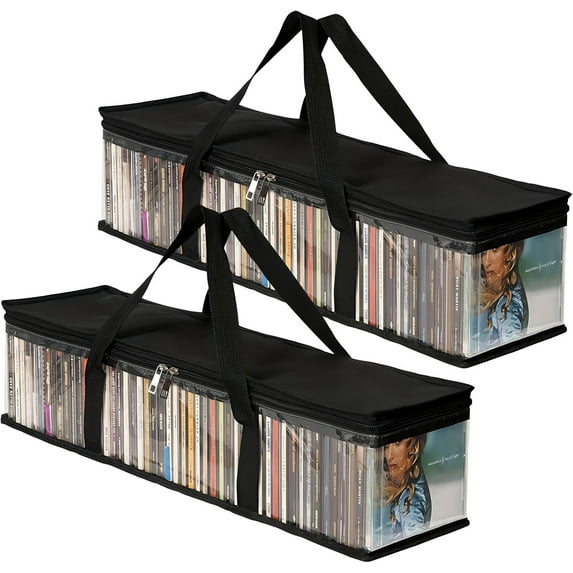 Storage Bag Transparent Media Case Organizer Bag With Handles Home Collection Holder With Zipper For CDs/VHS Box/Blu Ray Disc/Movie Cases/Video Games (Set Of 2)