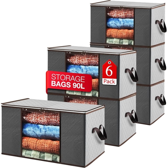 Storage Bags For Clothes - 6-Pack Collapsible Organizers for Blankets, Bedding & Large 90L Zip with Handles Clear Durable Containers Closet Organization (Grey)