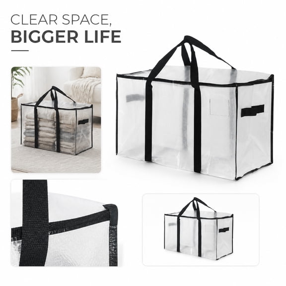 Storage Bags, Large Clear Plastic Bags, Heavy Duty Moving Bags, Extra Large Storage Bags, Thickened Woven Clear Tote with Reinforced Carry Handles, 29X17X14 In, Ideal for Storing