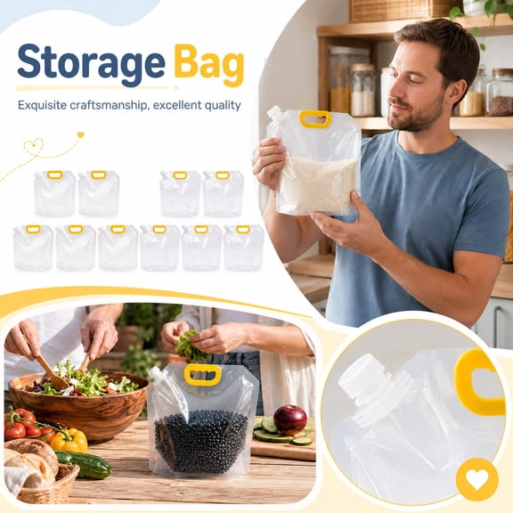 Storage Bags, Reusable Storage Bags, Clear Storage Bags, Plastic Storage Bags with Zipper, 5-Pack Transparent Plastic Pouches with Yellow Carrying Handle, Leakproof Spout Design
