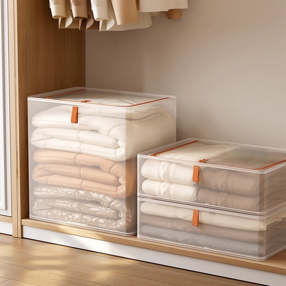 Storage Bags,Transparent Fabric Large Storage Box with Handles,Foldable Quilt Storage Organizer,Clothes Storage for Wardrobe Under Bed,18.5x18.1x11.8 Inch