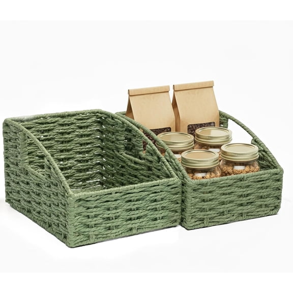Storage Basket, 2 Pack Handwoven Round Paper Rope Pantry Baskets for Organizing with Handles, Iron Frame Support Baskets for Shelves,Trapezoid Wicker Basket for Home Decor, Green