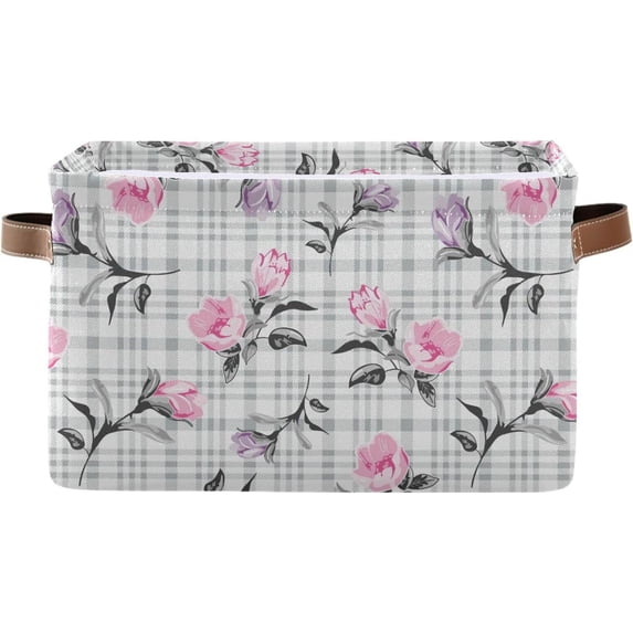 Storage Basket Beautiful Plaid Flower Pattern Storage Bin with Handle , Large Storage Cube Collapsible for Shelves Closet Bedroom Living Room 2PCS Decor Gifts