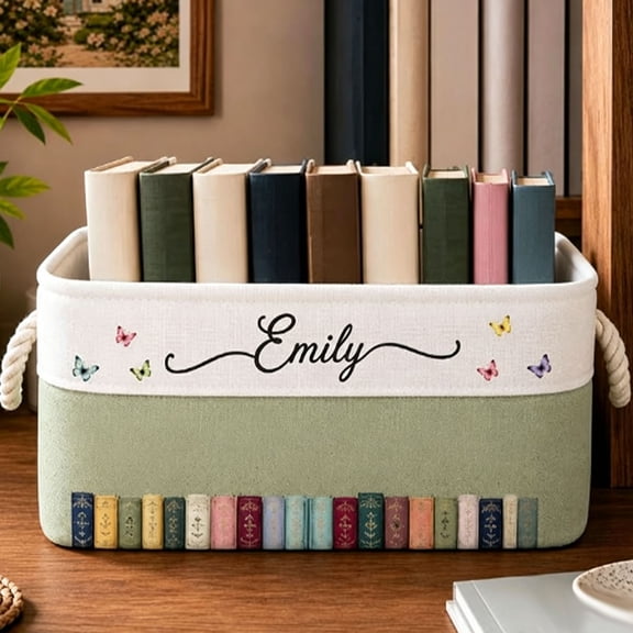 Storage Basket, Book Basket for Women, Floral Bookshop Cotton Linen Storage Basket with Rope Handles, Book Lover Gifts for Bookworms, Readers, Flower Book Storage
