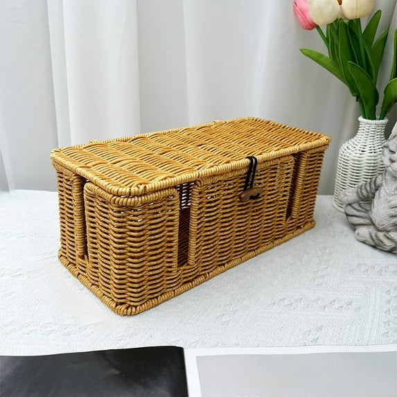 Storage Basket Cable Management Box Rattan Cord Organizer Box Cords Hider Under Desk Cable Management For Power Strip Computer Router USB Hub TV Wires