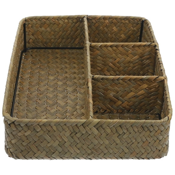 Luxshiny Seagrass Tea Bag Holder and Sugar Packet Organizer Basket, Wicker Rattan Divided Storage for Coffee Station, Condiments, Candy