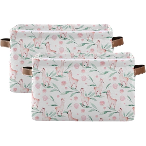 Storage Basket Cute Llama Foldable Canvas Laundry Baskets Bin Waterproof Inner Layer with Sturdy Handles for Toy Nursery Blanket Clothes 2 Pack