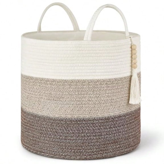 Storage Basket Decorative Natural Rope Basket Wooden Bead Decoration for BlanketsToys Clothes Shoes Plant Organizer Bin with Handles Living Room Home Decor 16"W  13.8"L