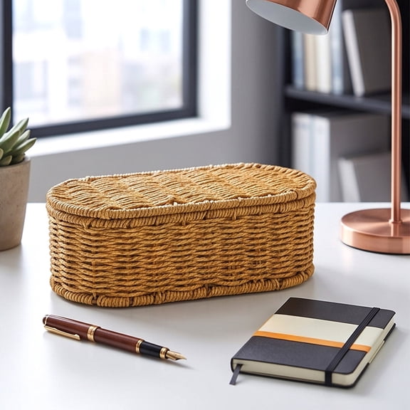 Storage Basket, Decorative Woven Organizer Box with Lid, Desktop Storage Container, for Small Household Items Home Tabletop Decor