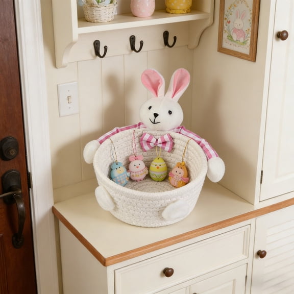 Storage Basket,Fabric Woven Easter Bunny Eggs Candy Cookies Container,Decorative Basket for Easter Party Dinner Table Home Decor Multi-Purpose Food Storage Bowl