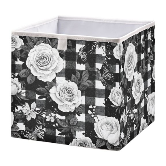 Storage Basket Foldable Open Organizers for Clothes Toys Books11.02x11.02x11.02in White Rose Pattern