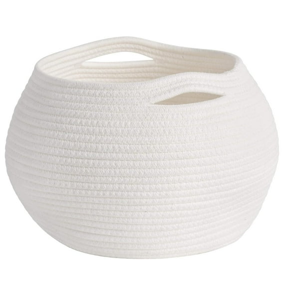 Storage Basket, Kvago Cute Round Woven Baskets with Handles, Small Cotton Rope Basket Decorative Organizer for Living Room, Nursery (All White, 9.84" x 9.06" x 8.27" )