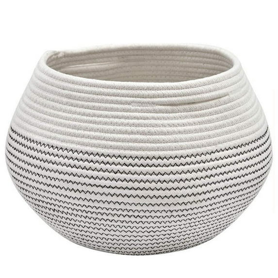 Storage Basket, Kvago Cute Round Woven Baskets with Handles, Small Cotton Rope Basket Decorative Organizer for Living Room, Nursery (White + Black, 9.84" x 9.06" x 8.27" )