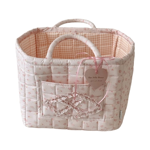 Storage Basket, Large Capacity Rose Print Portable Handheld Storage Basket, 1 Piece, Aesthetic Sweet Pink Storage Bin for Girls, Quilted Fabric Organizer Basket for Bedroom Dorm Cosmetic Toy Storing