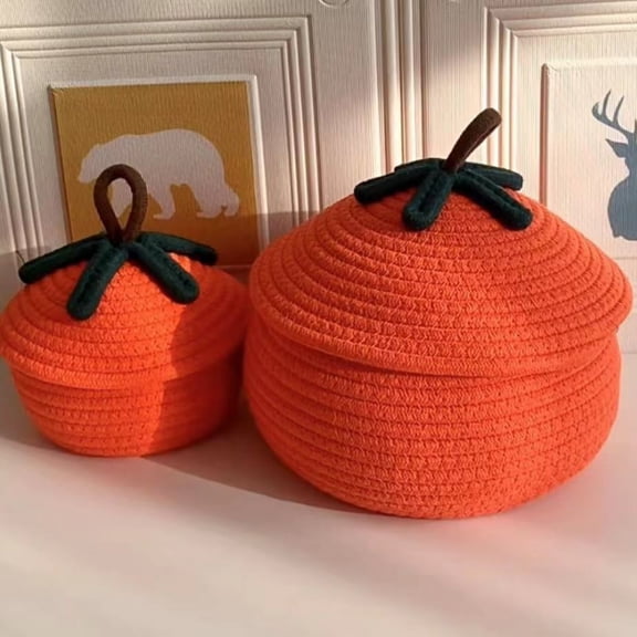 Storage Basket with Lid 2 Pack, Cute Halloween Pumpkin Gift Basket Empty Rope Woven Baskets for Organizing Candy Easter Egg Mini Dog Toy Basket Organizer Bins Christmas Decorative Basket Small