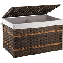 Storage Basket with Lid, 27.7 Gallon (105L) Blanket Basket with Removable Liner Bag, Synthetic Wicker Hamper with Handle, Hamper for Living Room, Brown
