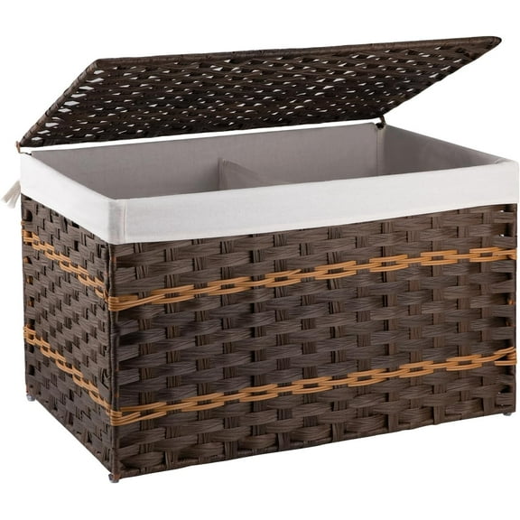 Storage Basket with Lid, 27.7 Gallon (105L) Blanket Basket with Removable Liner Bag, Synthetic Wicker Hamper with Handle, Hamper for Living Room, Brown