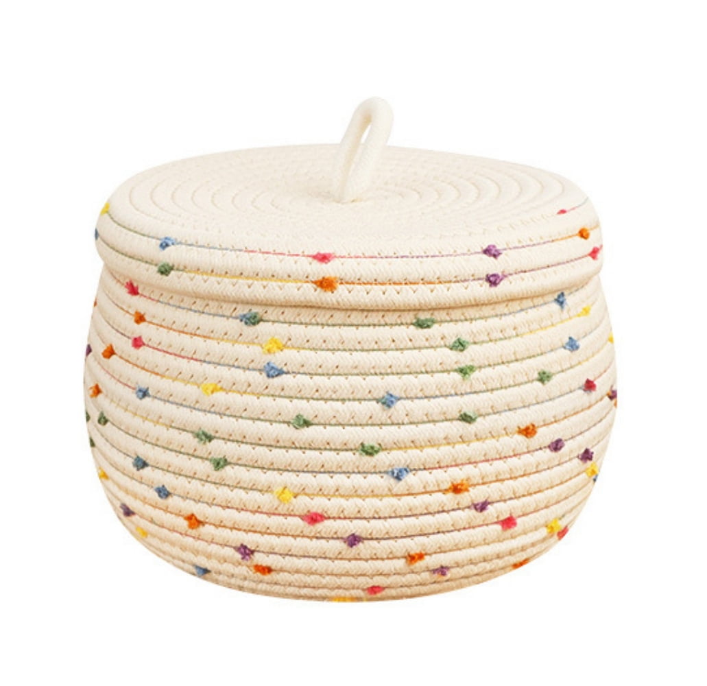 Storage Basket with Lid, Dingrich Round Cotton Rope Basket Small Decorative Basket, Cute Colorful Rainbow Container Woven Storage Bin for Organizing (9.84 x 9.84 x 6.29 in)