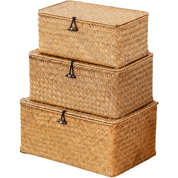 Storage Basket with Lid, Natural Seagrass Bin with Lid Set of 3, Shelf Baskets Multipurpose Container for Boho Decoration, Rectangular Household Storage Boxes for Home Organization