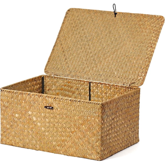 Storage Basket with Lid, Natural Seagrass Bin with Lid Set of 3, Shelf Baskets Multipurpose Container for Boho Decoration, Rectangular Household Storage Boxes for Home Organization-Natural