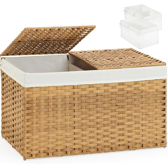 Storage Basket with Lid Rattan Storage Basket with 2 Separate Lid, 27.8 Gallon (105 L) Wicker Baskets for Storage with 2 Liners and Handles Wicker Storage Baskets for Bedroom Laundry-Natural