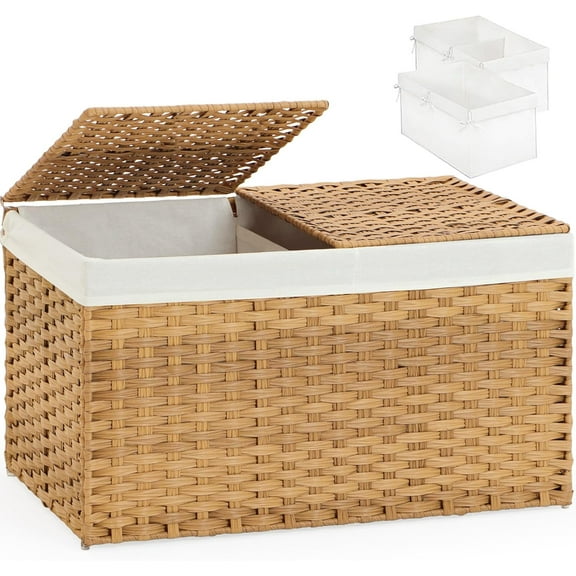 Storage Basket with Lid Rattan Woven Storage Baskets with 2 Separate Lids, 17.2 Gallon (65 L), 22 x 13 x 13.8 Inches,Foldable, 2 Removable Liner Bags Handles for Bedroom, Laundry Room Natural