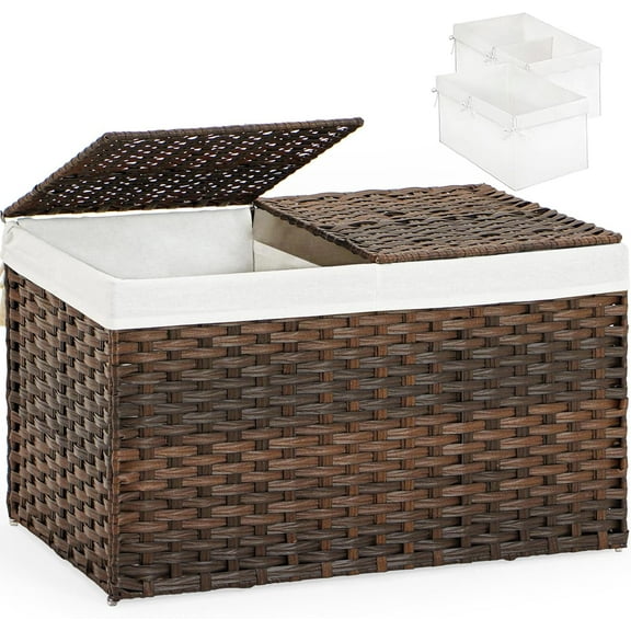 Storage Basket with Lid Woven Storage Basket with 2 Separate Lid, 17.2 Gallon (65 L) Rattan Storage Basket Woven Storage Basket with Lid and Handles for Bedroom, Laundry Room Brown