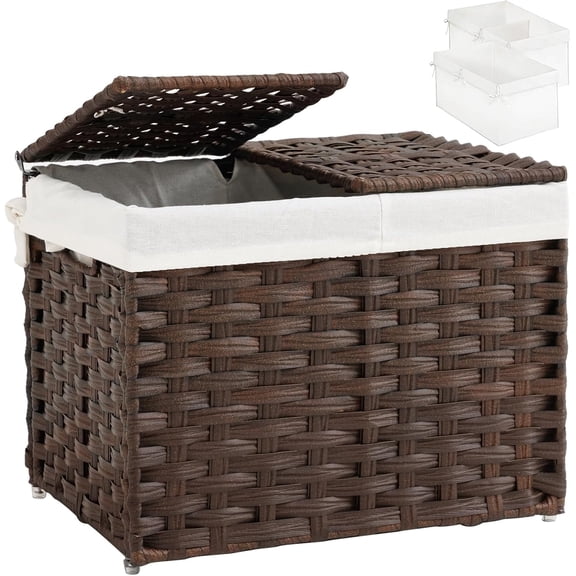 Storage Basket with Lid Woven Wicker Baskets with 2 Separate Lid, 9.2 Gallon (35 L) Wicker Storage Bins with Handles, Foldable and 2 Removable Liner Bags for Bedroom, Laundry Room Brown