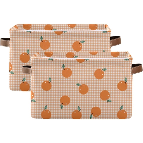 Storage Basket Orange Gingham Foldable Canvas Laundry Baskets Bin Waterproof Inner Layer with Sturdy Handles for Toy Nursery Blanket Clothes 2 Pack